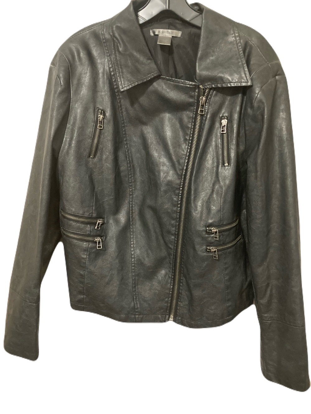 K Jordan Black Leather Moto Jacket with Asymmetrical Zip